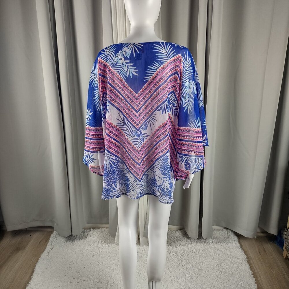 Ruby Rd Women's Blue, Pink, Tropical Chevon Chiffon Poncho Blouse, Top Size 2X - Picture 4 of 10